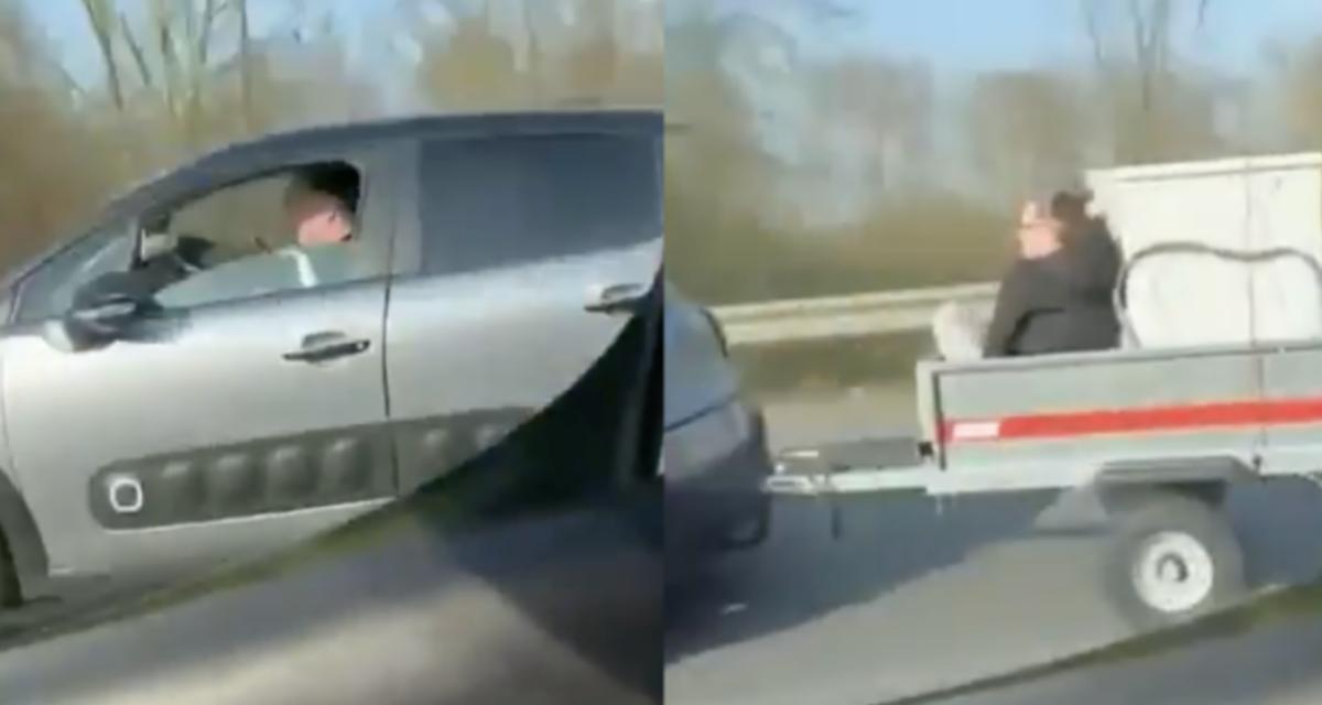 Une femme transportait dans la remorque d'une voiture à toute vitesse sur l'autoroute (vidéo)