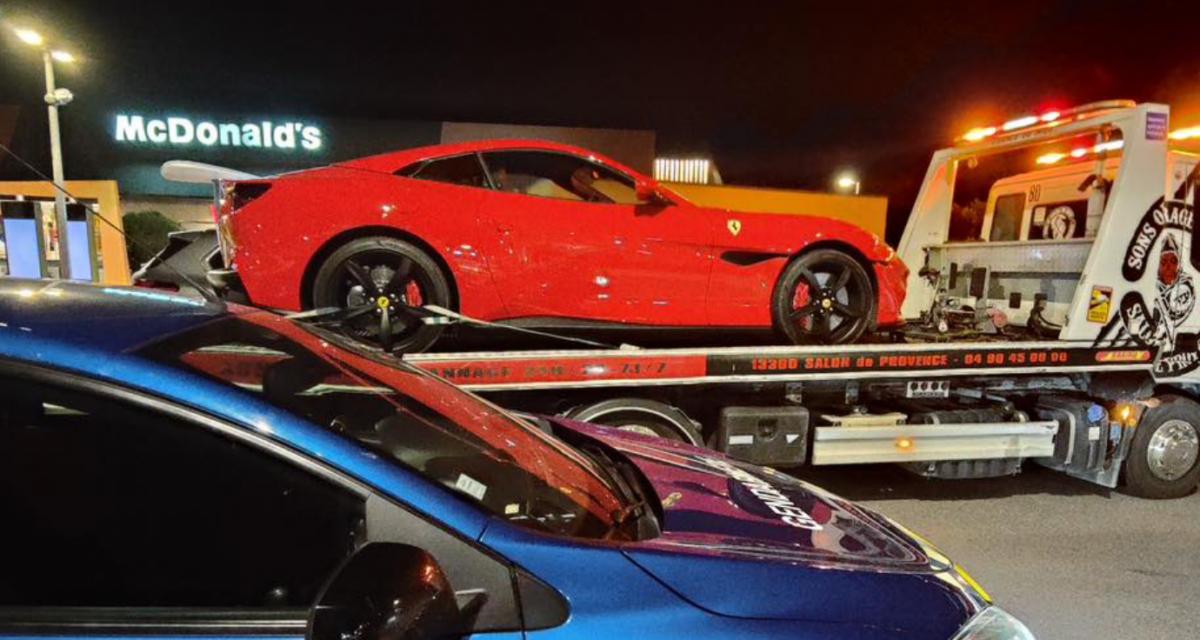 Flashé à 206 km/h sur l'autoroute, sa Ferrari Portofino finit sa course sur le dos de la fourrière : « Chevaux lâchés...permis retiré »