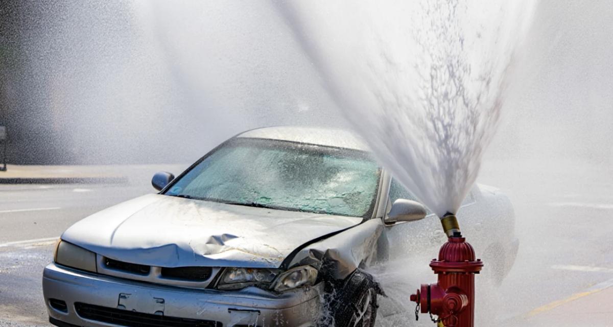 Une voiture percute une borne incendie et asperge la rue